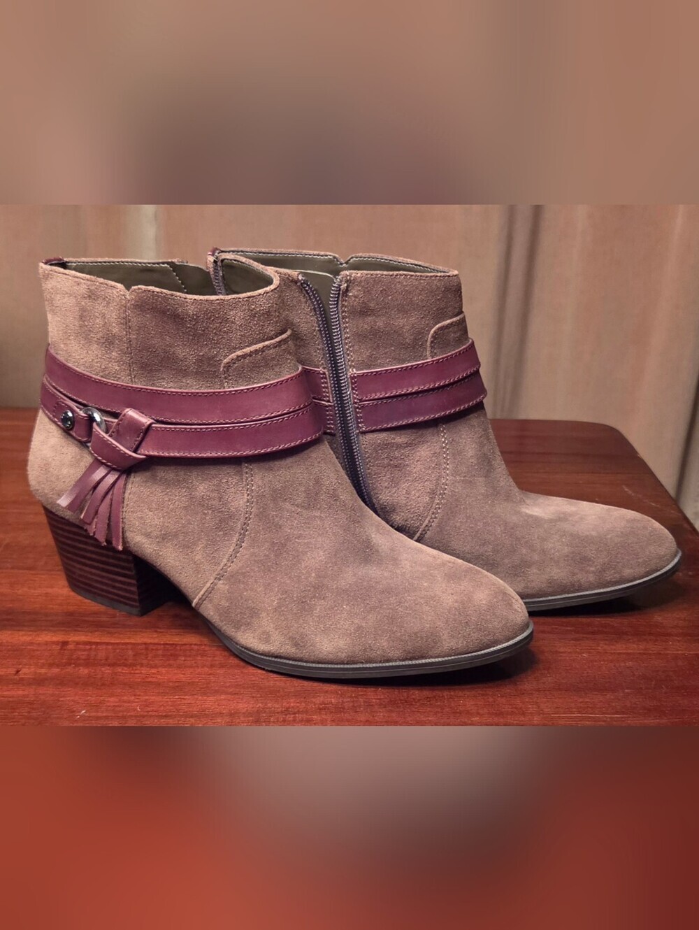 Alex Marie Taupe Suede Ankle Boots with Plum Strap - Women size 10